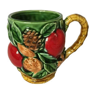 Inarco Japan Coffee Mug Raised Apples Fruit Nuts Pine Cones Leaves VTG 60s
